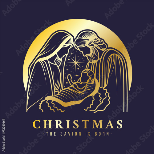 Christmas, the savior is born - Gold line The Nativity with mary and joseph in a manger with baby Jesus and stars light in circle and dark blue background vector design