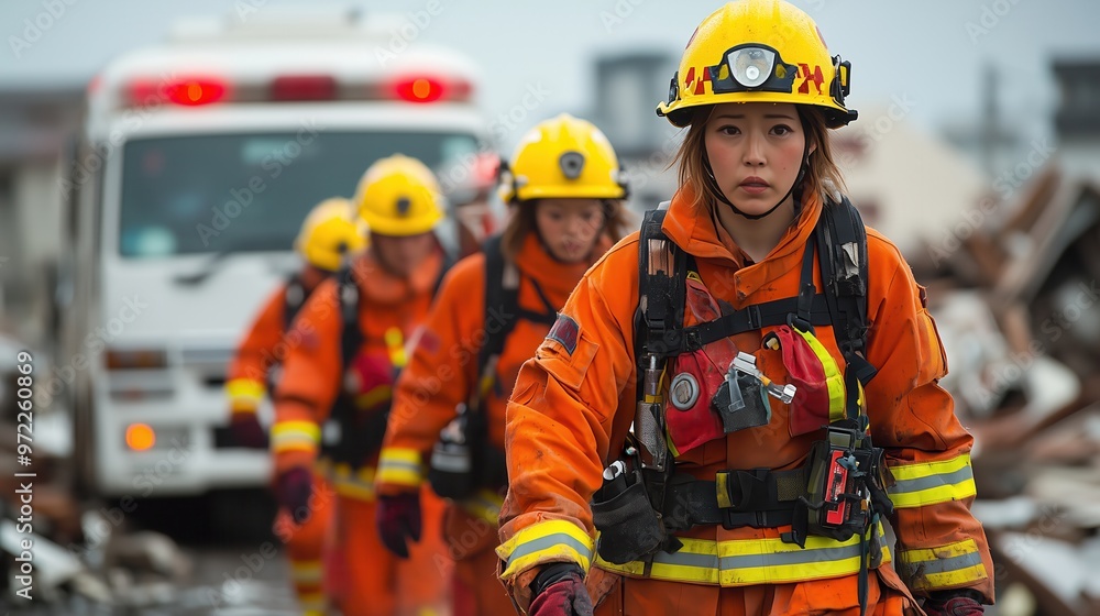 Naklejka premium Rescue Team Walking Through Disaster Rubble. Determined rescue team in orange protective gear walks through rubble in a disaster-hit area, coordinating rescue efforts after a large-scale emergency.