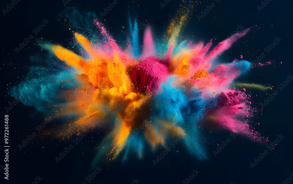 Colored powder explosion on gradient dark background. Freeze motion. Colored powder explosion on gradient dark background. Freeze motion.