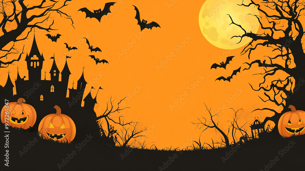 Vector illustration of Halloween background with pumpkins, haunted house and full moon on orange background. Black outline separates each element, Halloween banner template in simple flat style. Vector illustration of Halloween background with pumpkins, haunted house and full moon on orange background. Black outline separates each element, Halloween banner template in simple flat style.