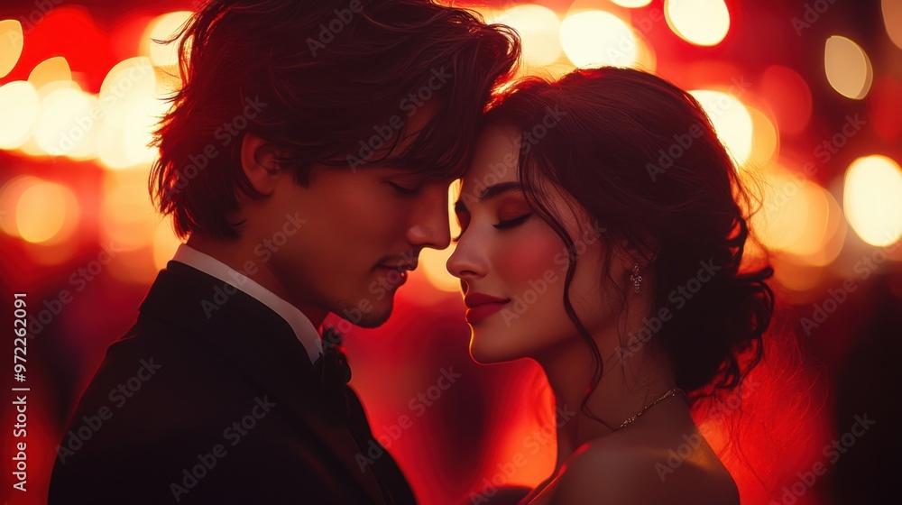 Romantic couple embracing at night under glowing red city lights Romantic couple embracing at night under glowing red city lights