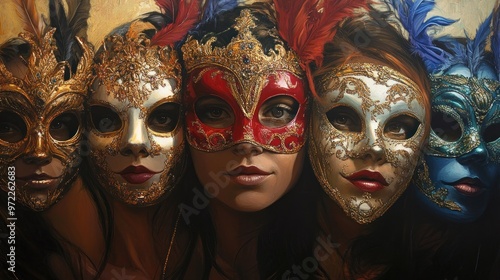 A group of women wearing ornate masks with feathers, showcasing a festive atmosphere.