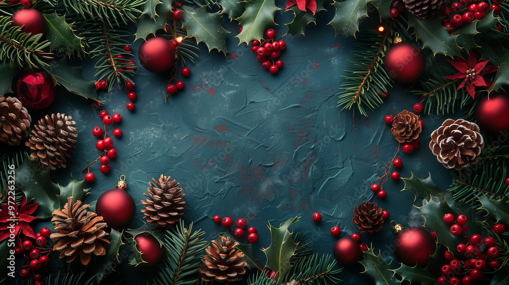 Christmas Background with Red Berries, Christmas ornament, Pine Cones and Pine Branches Christmas Background with Red Berries, Christmas ornament, Pine Cones and Pine Branches