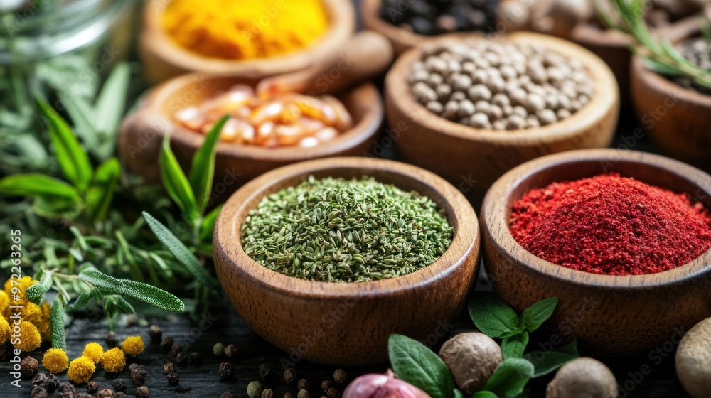 Fototapeta premium Assortment of Spices and Herbs in Wooden Bowls