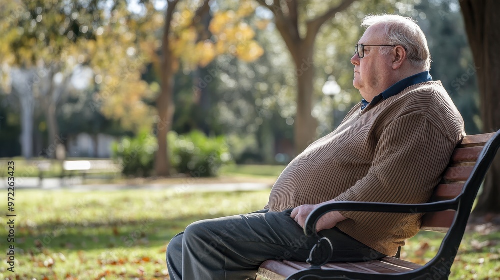 Senior with obesity sitting on a park bench, gazing at the surroundings, reflecting on the effects of weight on outdoor activities Senior with obesity sitting on a park bench, gazing at the surroundings, reflecting on the effects of weight on outdoor activities