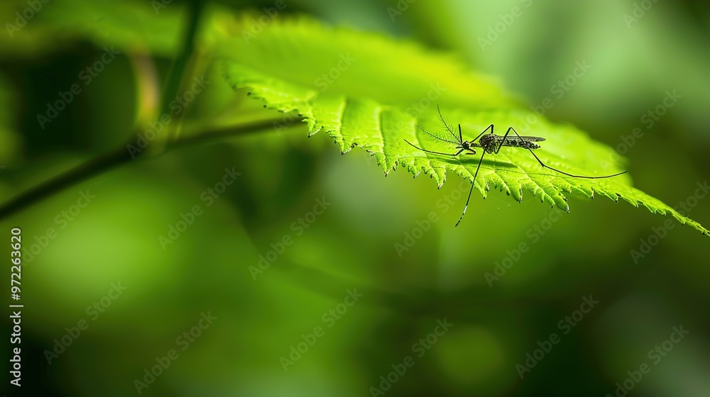 Mosquito resting on green leaf in forest setting, symbolizing potential transmission of West Nile virus, nature and health awareness concept. Mosquito resting on green leaf in forest setting, symbolizing potential transmission of West Nile virus, nature and health awareness concept.