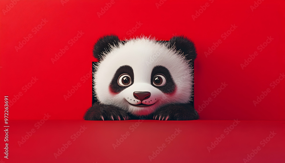 Adorable panda peeking through a red wall. Adorable panda peeking through a red wall.