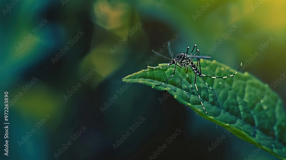 Mosquito resting on green leaf in forest setting, symbolizing potential transmission of West Nile virus, nature and health awareness concept. Mosquito resting on green leaf in forest setting, symbolizing potential transmission of West Nile virus, nature and health awareness concept.