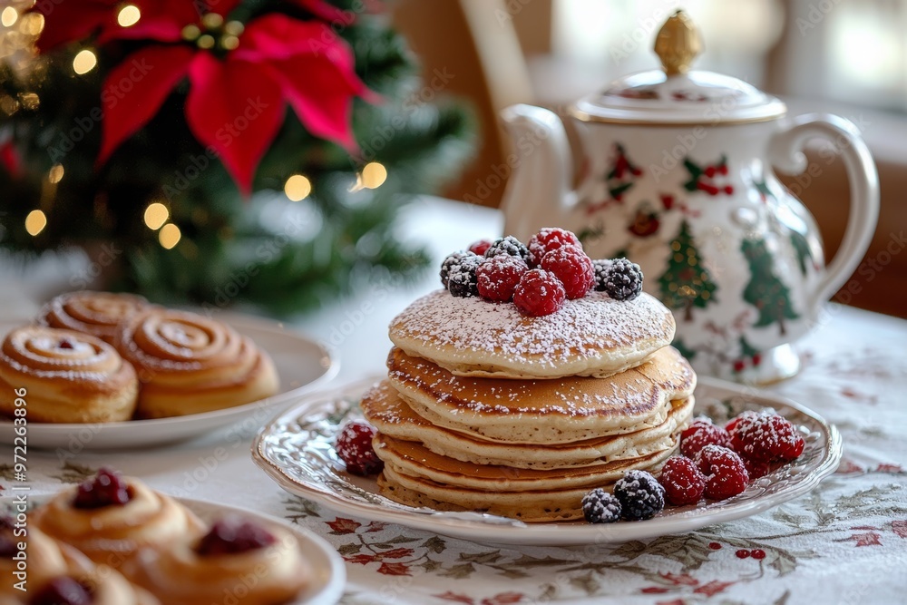 Festive Christmas Breakfast Scene with Pancakes, Berries, Cinnamon Rolls, and Holiday Decor Festive Christmas Breakfast Scene with Pancakes, Berries, Cinnamon Rolls, and Holiday Decor