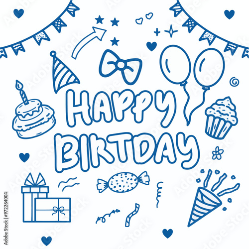 HAND DRAWING DOODLE ART BIRTHDAY WITH BLUE LINE