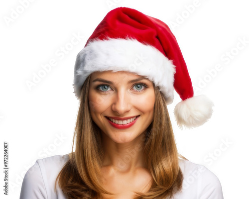 Woman christmas Santa Hat white isolated Beautiful caucasian female portrait Happy person positive emotion Holiday concept Close up face portrait