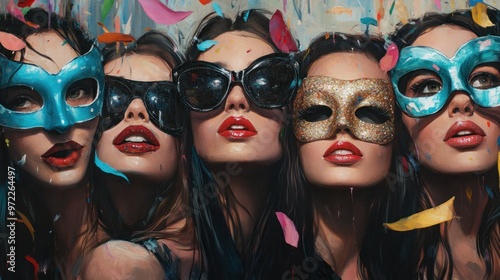 Five women wearing colorful masks and sunglasses, celebrating with confetti.