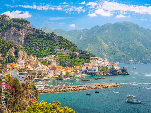 Fototapeta Naklejka Na Ścianę i Meble -  Landscape with Amalfi town at famous Amalfi Coast, Italy