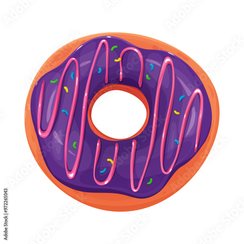 Beautiful, bright and purple donut with prose topping. Donut violet. Donut isolated on a white background.  Cartoon style. Vector donut.