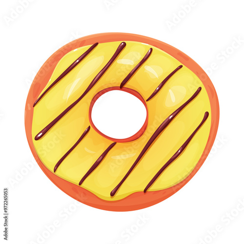 Glossy donuts with yellow glaze and chocolate topping. Bright and tasty donut. Donut yellow. Donut isolated on a white background.  Cartoon style. Vector donut.