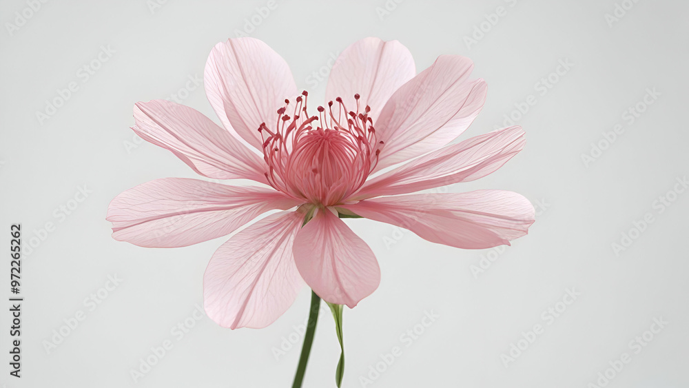 A delicate pink flower with translucent petals stands on its stem against a white background. A delicate pink flower with translucent petals stands on its stem against a white background.