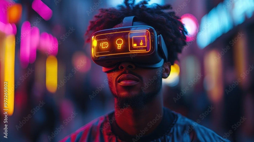 A person wearing a futuristic VR headset in a vibrant urban setting. A person wearing a futuristic VR headset in a vibrant urban setting.