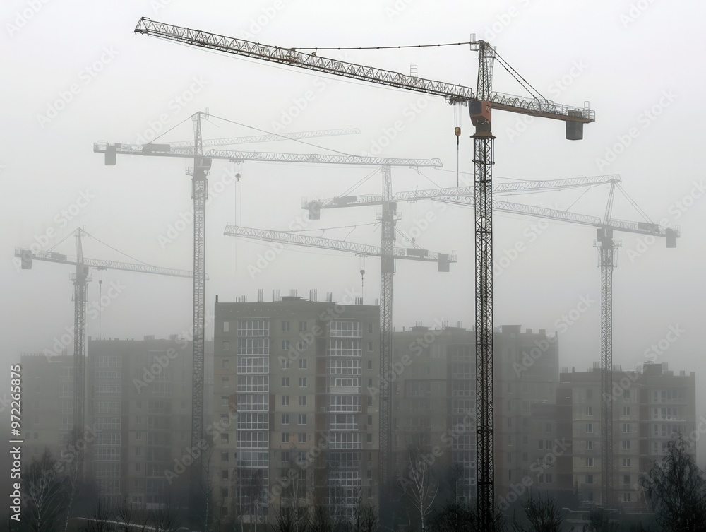 Construction cranes stand tall in a foggy cityscape, highlighting urban development and architectural progress. Construction cranes stand tall in a foggy cityscape, highlighting urban development and architectural progress.
