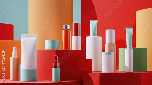 Colorful Cosmetic Bottles & Tubes on Red and Orange Background