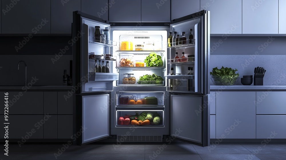 Showcasing an opened kitchen fridge Showcasing an opened kitchen fridge
