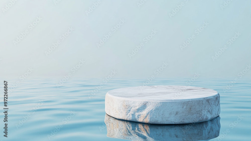 Calm waters with a solitary circular rock platform under a clear blue sky at dawn Calm waters with a solitary circular rock platform under a clear blue sky at dawn