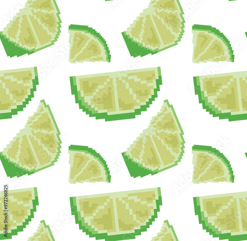 Seamless pattern of pixelated lime slices of different shapes and sizes in vector. Perfect for tropical designs, packaging, textiles and creative digital projects.