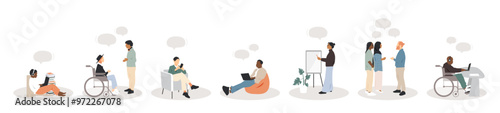 Different people work. People with chat bubbles. Modern colorful design.