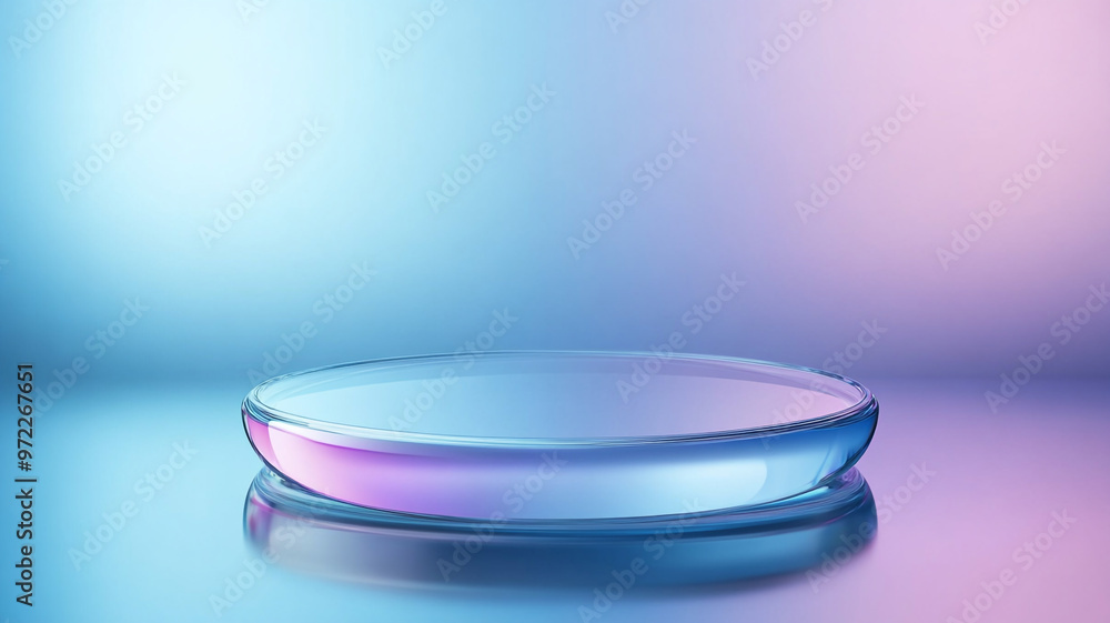 A modern glass dish on a gradient background reflecting soft purple and blue light A modern glass dish on a gradient background reflecting soft purple and blue light