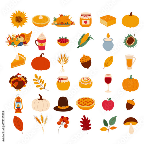 A collection of fall food and drink icons. The icons include a pumpkin, a turkey, a pie, a cup of coffee, a wine glass, and a bowl of food