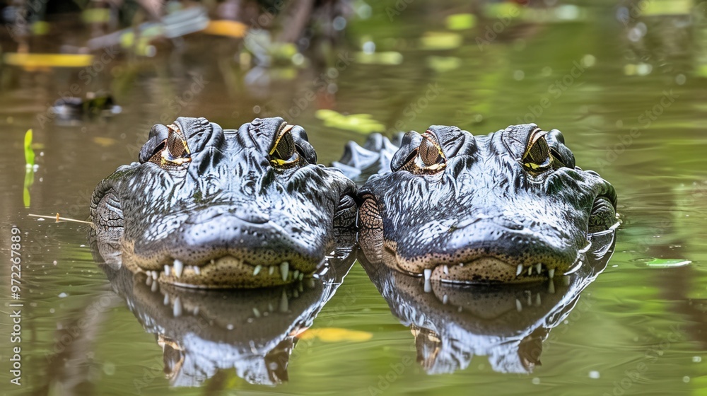 Fototapeta premium Two alligators resting on the surface of tranquil water, showcasing their powerful jaws and vibrant surroundings.