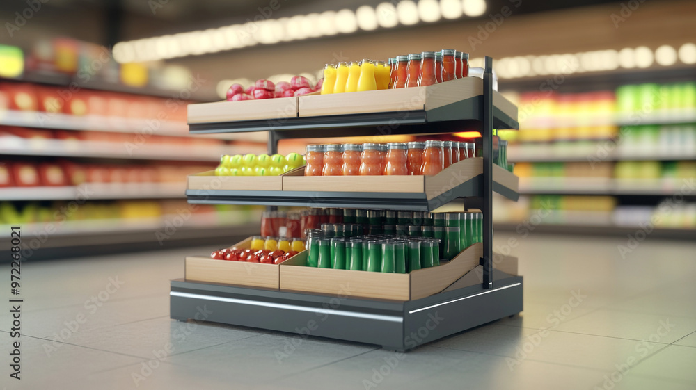 Modern grocery display showcasing fresh fruits and beverages in a well-lit market Modern grocery display showcasing fresh fruits and beverages in a well-lit market