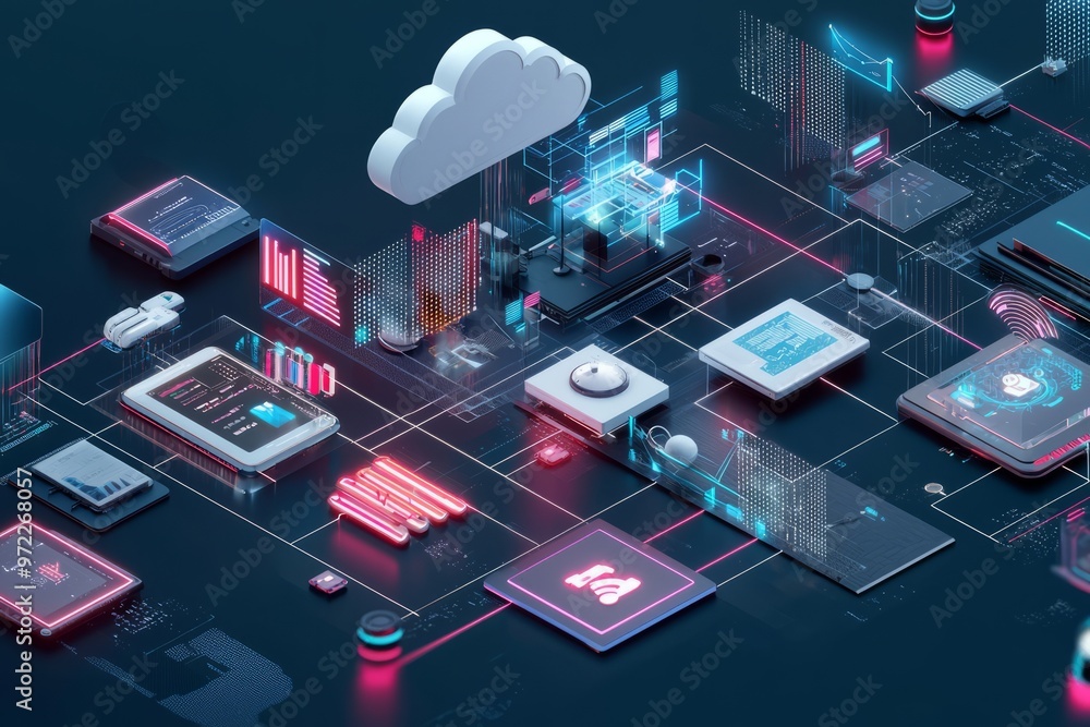 Fototapeta premium A visualization of cross-platform integration with integrated IoT devices and cloud services. The environment displays seamless data exchange and management across, Generative AI