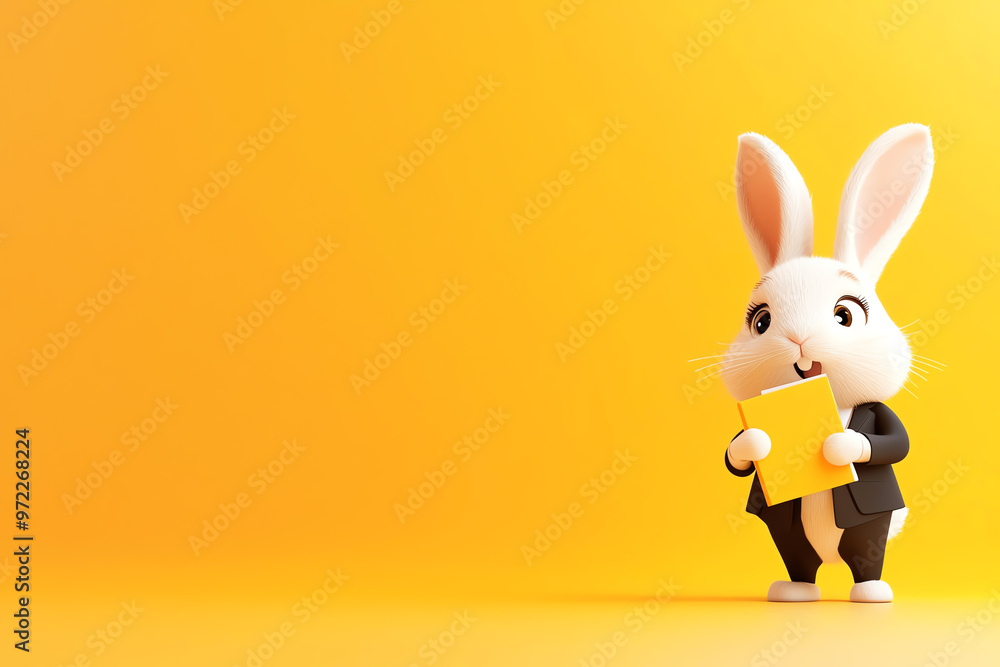 Obraz premium A cheerful cartoon rabbit dressed in a suit holds a yellow card against a bright yellow background, perfect for festive themes.