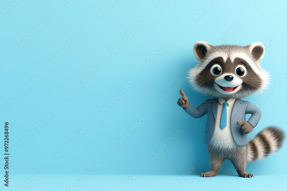 A cheerful cartoon raccoon character in a suit, pointing with a smile against a light blue background, perfect for illustrations. A cheerful cartoon raccoon character in a suit, pointing with a smile against a light blue background, perfect for illustrations.