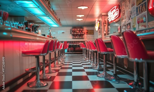 Classic plastic chairs in a retro diner, checkered floor and neon signs, chairs lined up along the counter, bright artificial lighting.