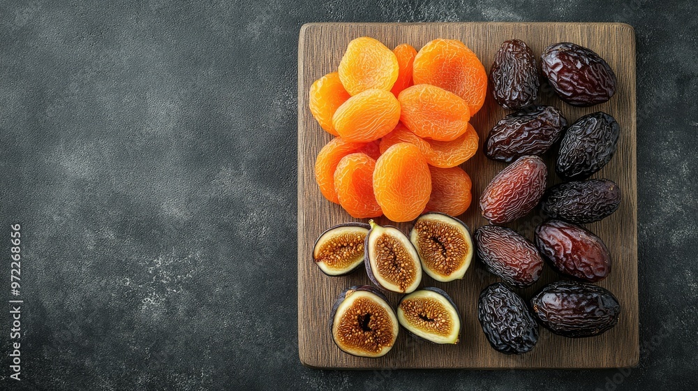 Dried apricots, dates, and figs placed neatly on a cutting board, top view, copy space available. Dried apricots, dates, and figs placed neatly on a cutting board, top view, copy space available.
