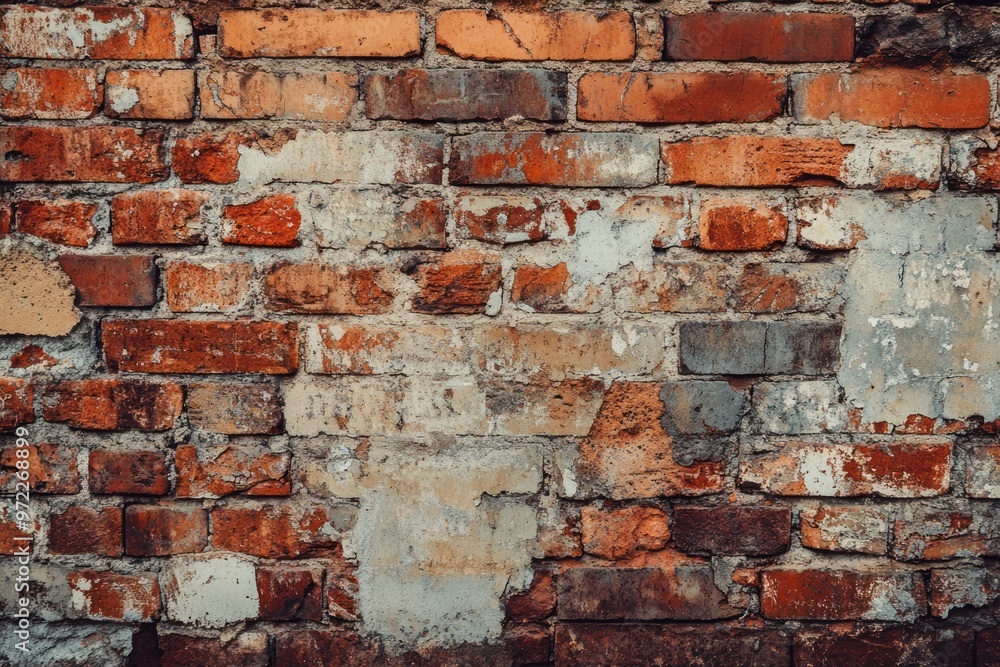 Naklejka premium Damaged red brick wall, aged and worn texture, rustic background, gentle ambient lighting.