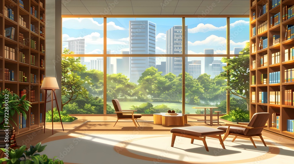 Fototapeta premium Modern Library with City View and Comfortable Seating