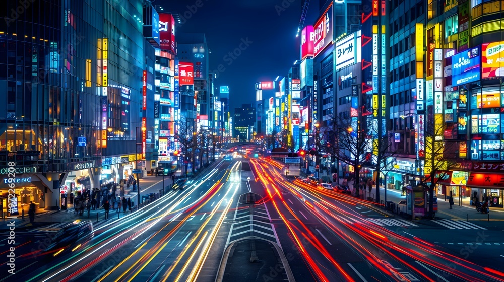 Obraz premium Vibrant Tokyo Street at Night with Neon Lights and Traffic