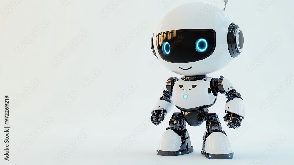 A friendly white robot with blue eyes smiles at the camera against a white background. A friendly white robot with blue eyes smiles at the camera against a white background.