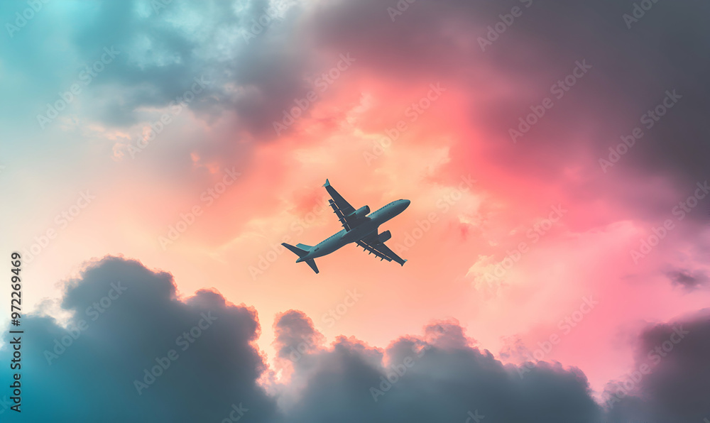Airplane flying through a colorful sunset sky. Airplane flying through a colorful sunset sky.