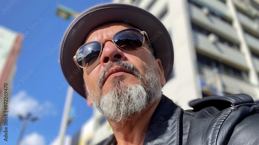 A man in a hat and sunglasses took a selfie against a blue sky and a building, captured in a close-up style A man in a hat and sunglasses took a selfie against a blue sky and a building, captured in a close-up style