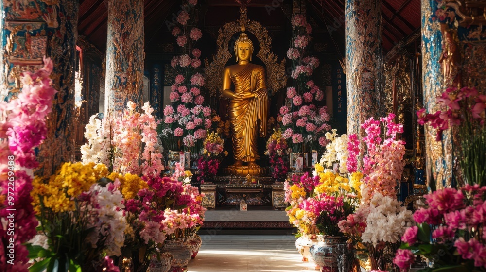 A grand Taowesuwan statue surrounded by an abundance of flowers and intricate A grand Taowesuwan statue surrounded by an abundance of flowers and intricate