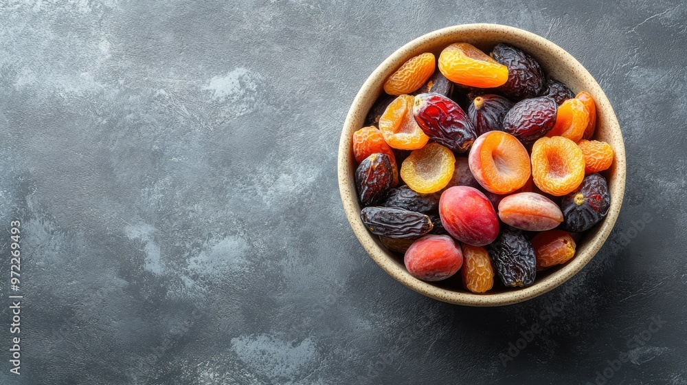 Dried figs, apricots, and dates in a bowl on a grey surface, top view, copy space on the right Dried figs, apricots, and dates in a bowl on a grey surface, top view, copy space on the right