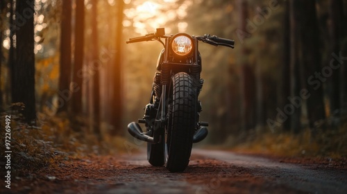 At dusk, a black vintage custom motorcycle caferacer stands in a woodland road.
 photo