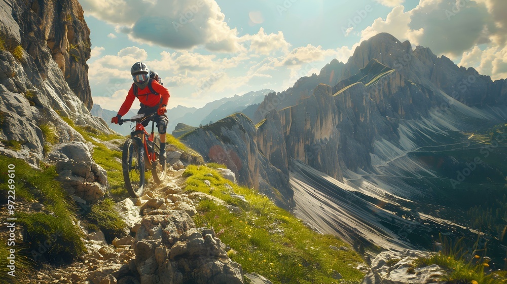 Fototapeta premium Mountain Biking Adventure Thrilling Ride Through Majestic Peaks