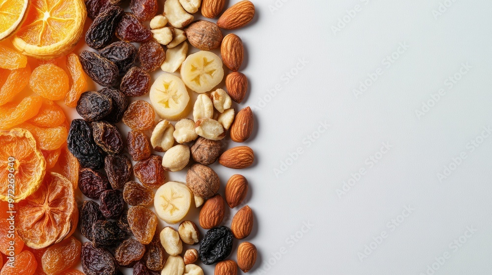 Obraz premium Dried fruit and nuts placed in geometric patterns, top view with clear copy space.