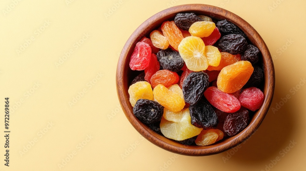 Dried fruit medley in a wooden bowl on a beige background, top view, space for copy. Dried fruit medley in a wooden bowl on a beige background, top view, space for copy.
