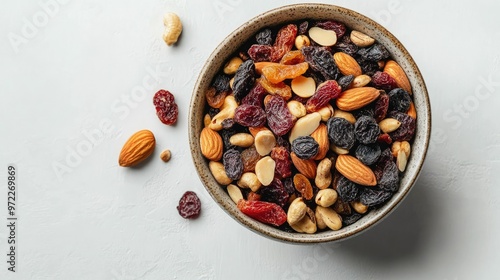 Dried fruit medley with nuts and seeds in a ceramic bowl, top view, copy space available.