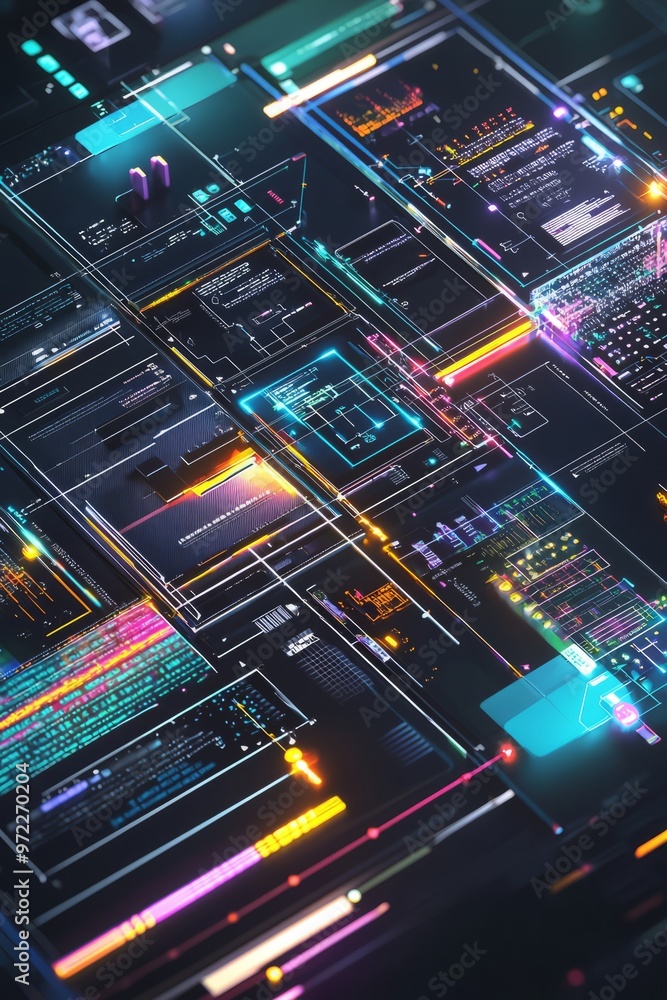 Obraz premium A cross-platform integration concept featuring synchronized business applications and data. The scene includes a central control panel managing interactions between different software platforms, Gener